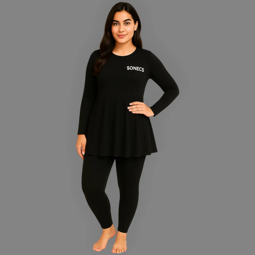 SONECS Women’s Frill 2Pc Swim Suit Black | Full Sleeves Modest Swimwear