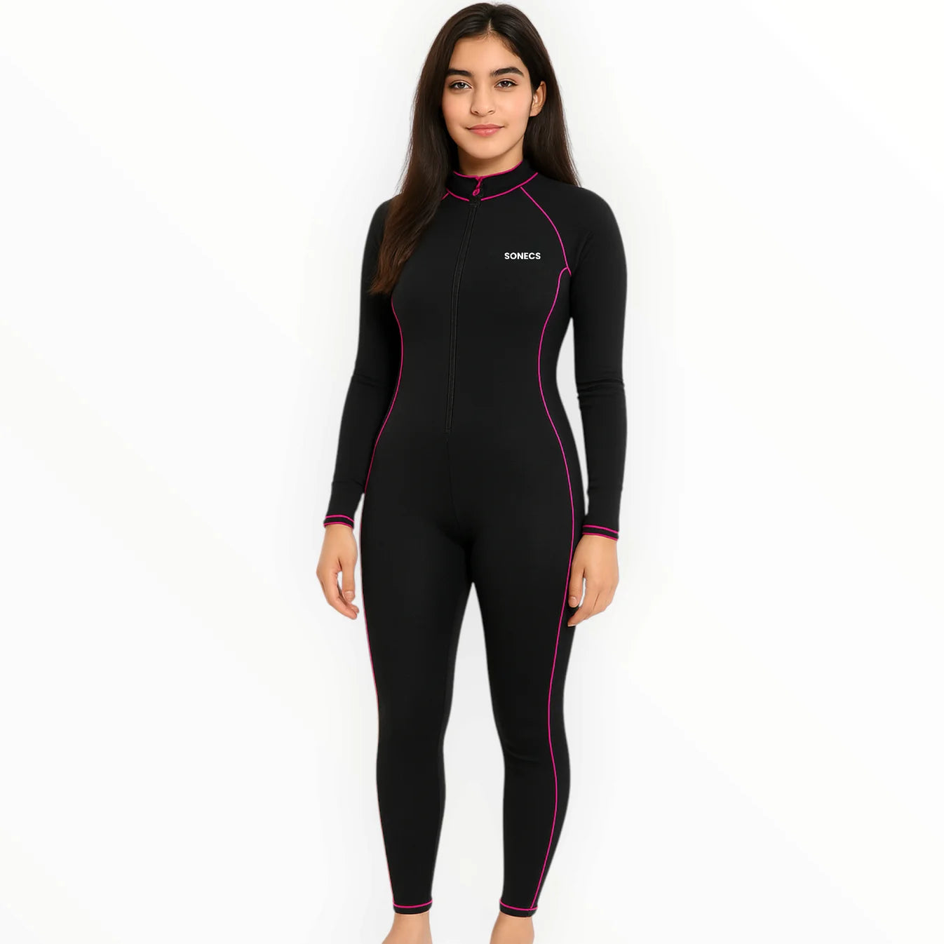 SONECS Women’s One Piece Swim Suit Black Pink | Full Coverage Zipper Swimwear