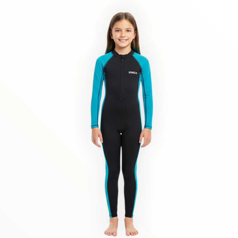 SONECS Girls Full Length 1Pc Swimsuit – Black/Teal Blue Kids Swimwear