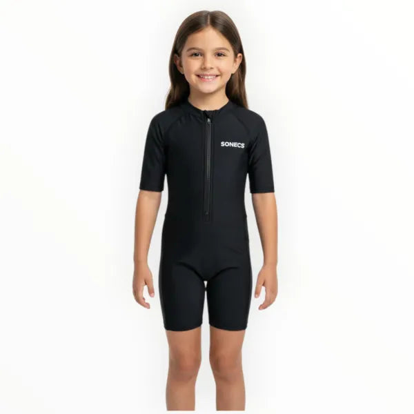 SONECS Kids UpToKnee Swim Suit All Black | Half Sleeve Zipper Swimwear