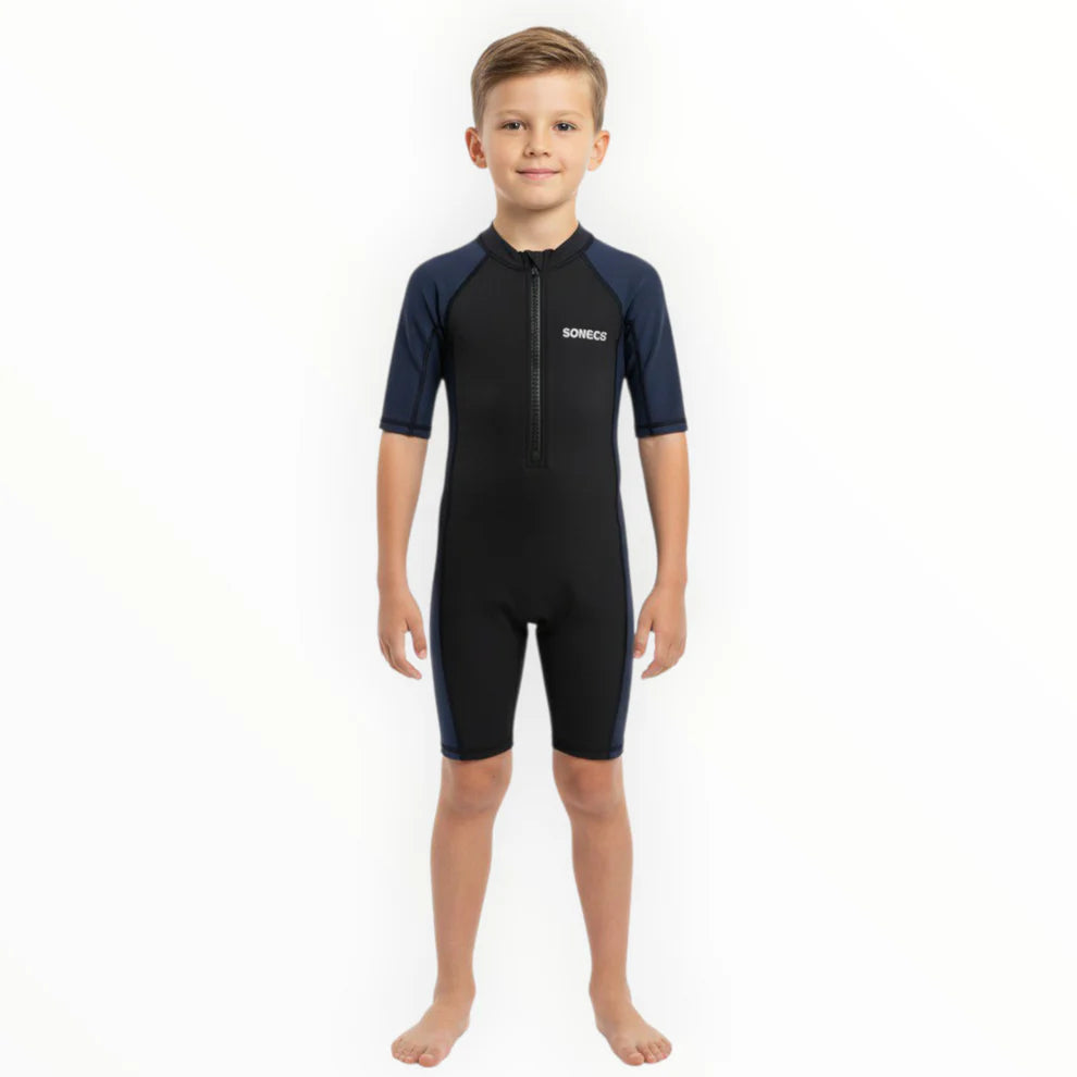 SONECS Kids UpToKnee Swim Suit Black Navy | Half Sleeve Zipper Swimwear