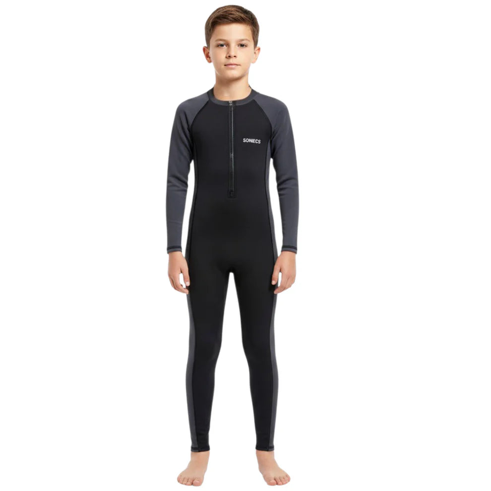 SONECS Boys Full Length 1Pc Swimsuit – Black/Grey Kids Swimwear