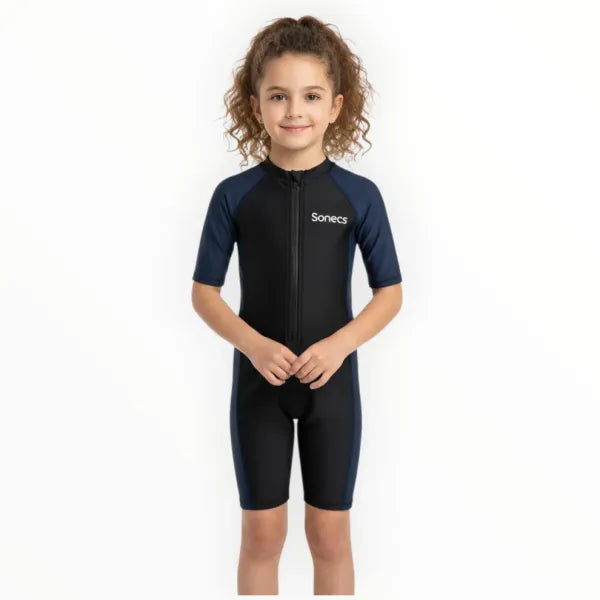 SONECS Kids UpToKnee Swim Suit Black Navy | Half Sleeve Zipper Swimwear
