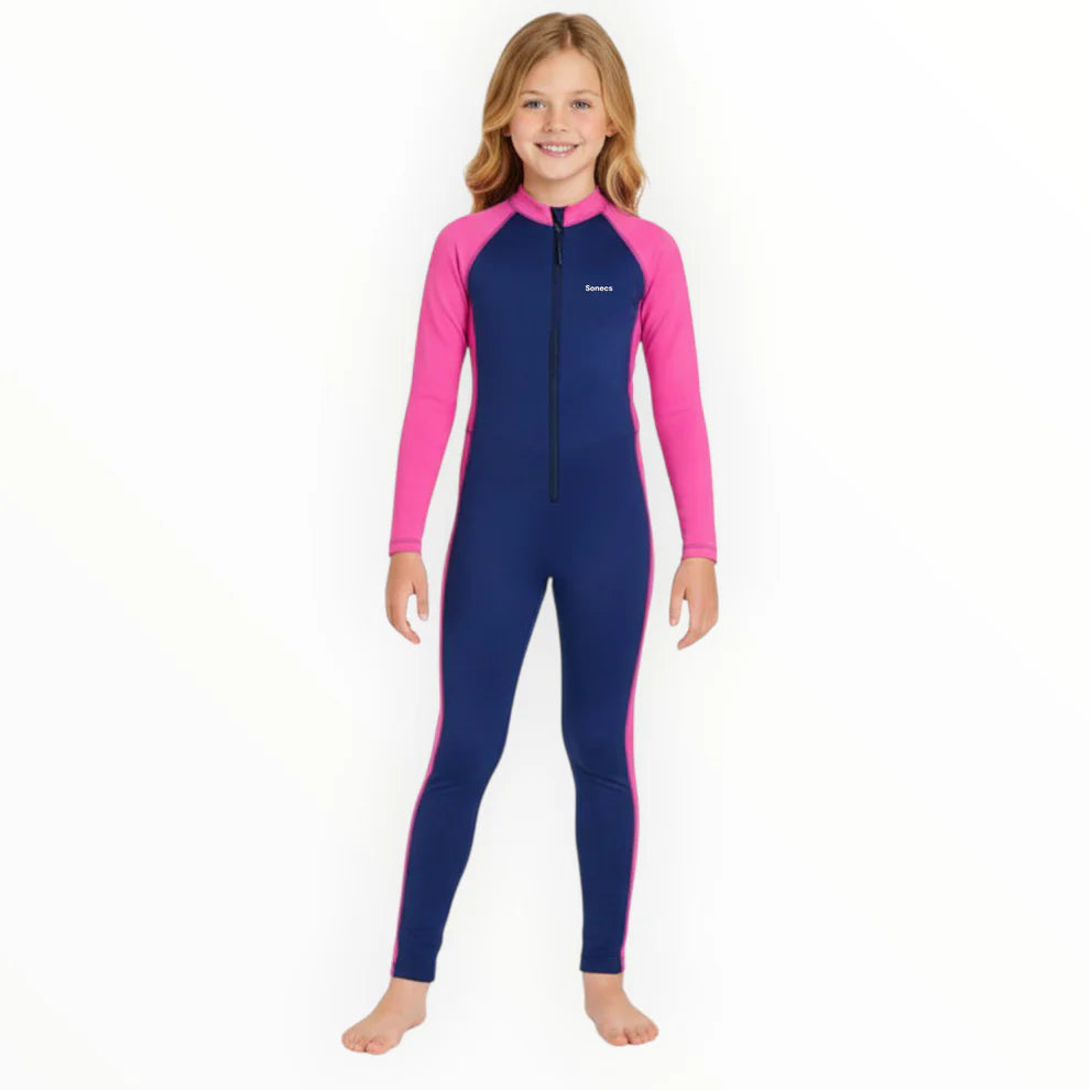 SONECS Girls Full Length 1Pc Swimsuit Navy Blue Pink | Kids UV Protection Swimwear