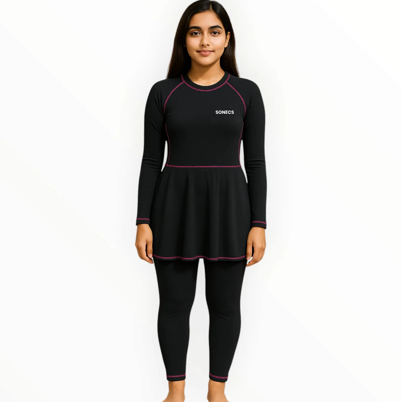 SONECS Women’s Modest Frill 1Pc Swim Suit Black Pink | Full Coverage Swimwear