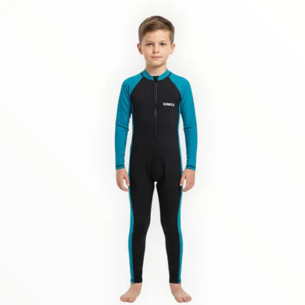 SONECS Boys Full Length 1Pc Swimsuit – Black/Teal Blue Kids Swimwear