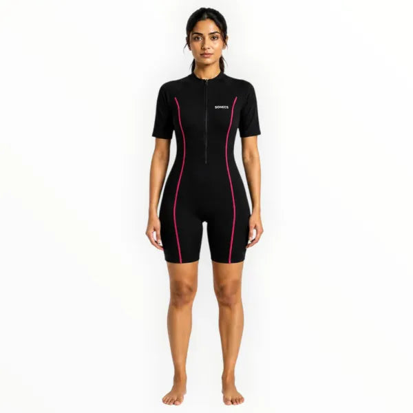 SONECS Women’s BoyLeg Swimsuit Black Pink | Athletic One Piece Swimwear