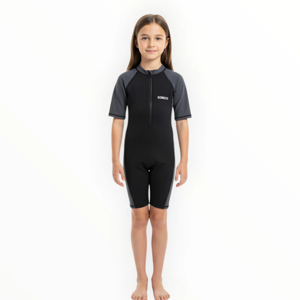 SONECS Kids UpToKnee Swim Suit – Half Sleeve Zipper Swimwear Black/Grey