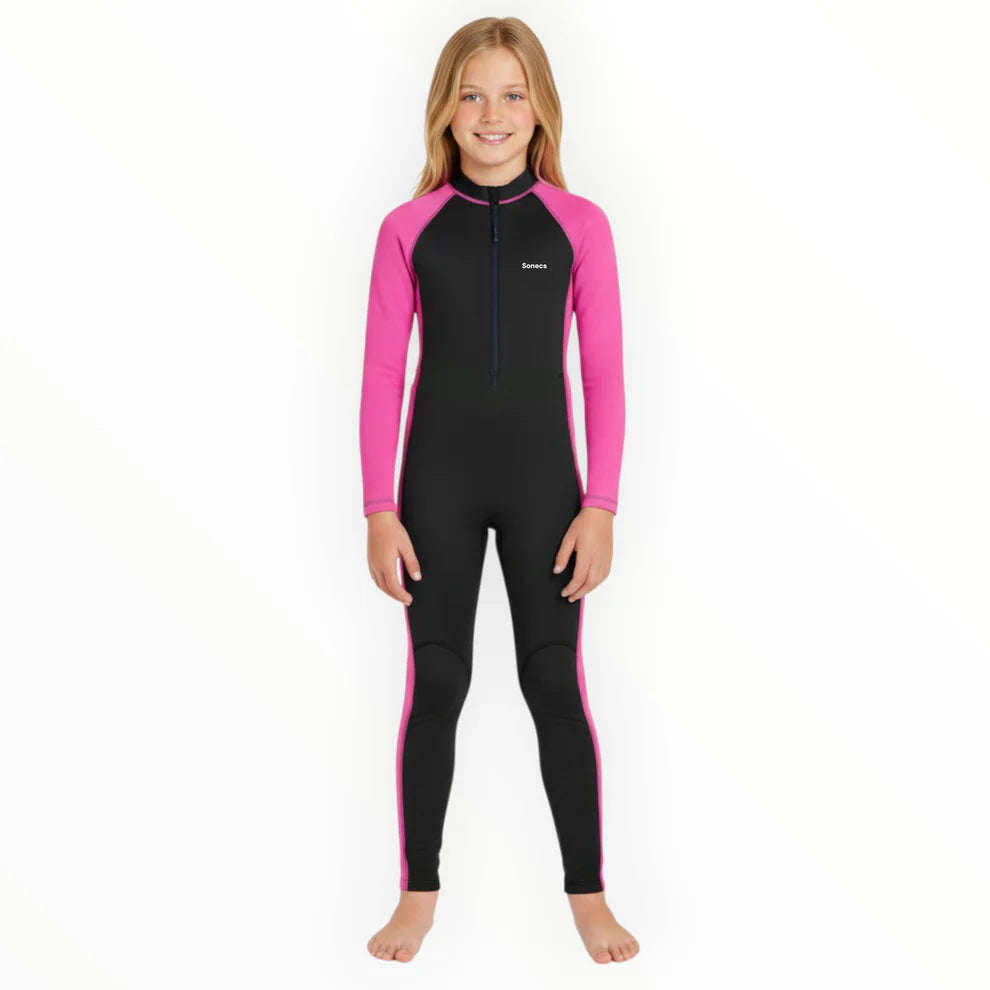SONECS Girls Full Length 1Pc Swimsuit Black Pink | Kids UV Protection Swimwear