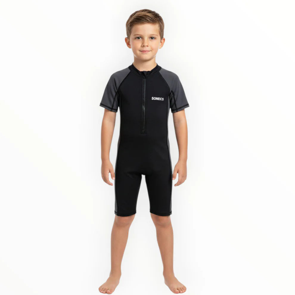 SONECS Kids UpToKnee Swim Suit – Half Sleeve Zipper Swimwear Black/Grey